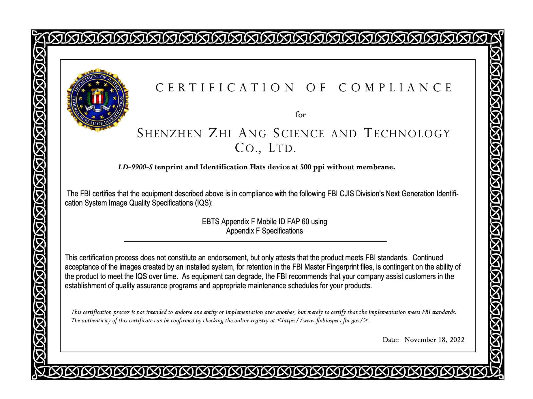 LD-9900-S Appendix F certificate